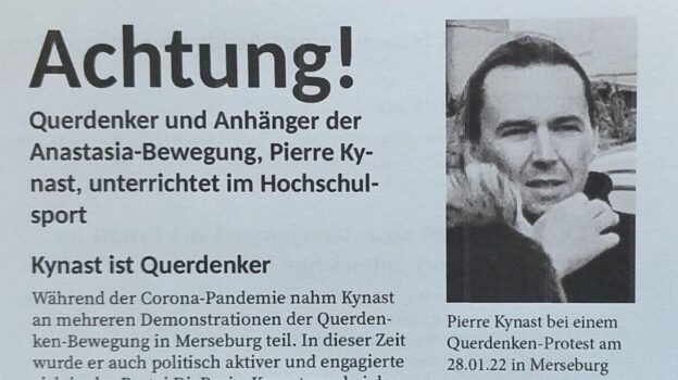 Flyer zu Pierre Kynast mit der Überschrift: "Achtung! Querdenker und Anhänger der Anastasia-Bewegung, Pierre Kynast, unterrichtet im Hochschulsport"